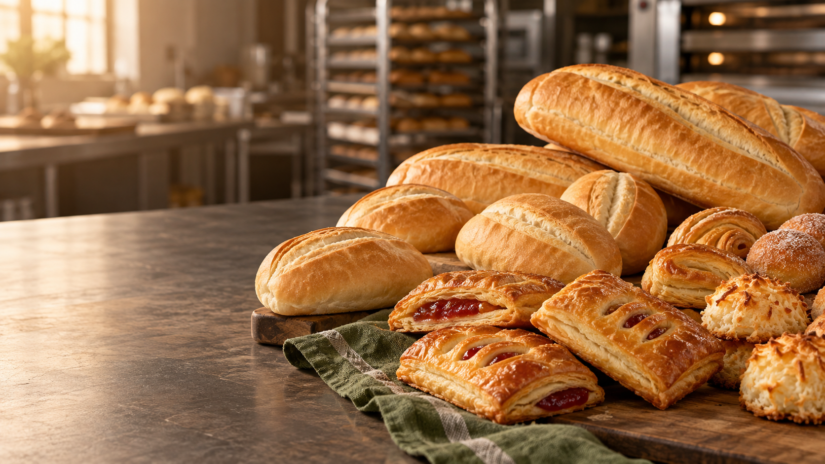 Cuban bread, rolls and guava pastries in a professional bakery